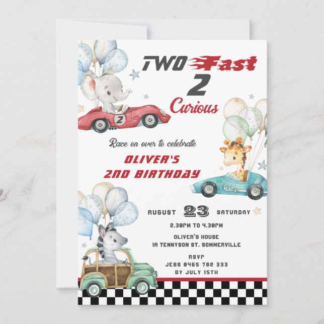 Invitation Beaux Animaux Voitures de Course 2e anniversaire D (Devant)