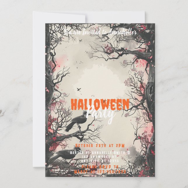 Invitation Beaux arbres Oiseaux noirs Fête d'Halloween (Devant)