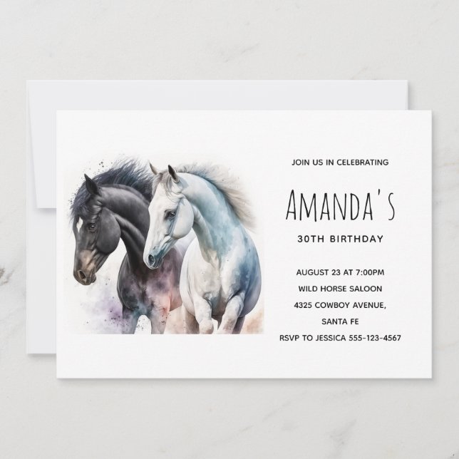 Invitation Beaux Chevaux en Aquarelle Anniversaire (Devant)