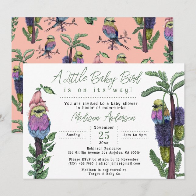 Invitation Beaux Pink Tropical Birds Safari Baby shower À Thè (Devant / Derrière)
