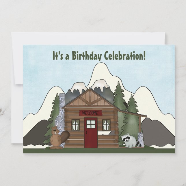Invitation Beaver, Raccoon et Cabine de montagne Anniversaire (Devant)