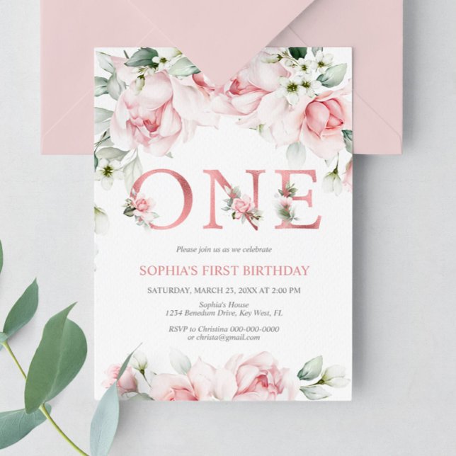 Invitation Bébé 1er Anniversaire Blush & Rose Gold Floral (Créateur téléchargé)