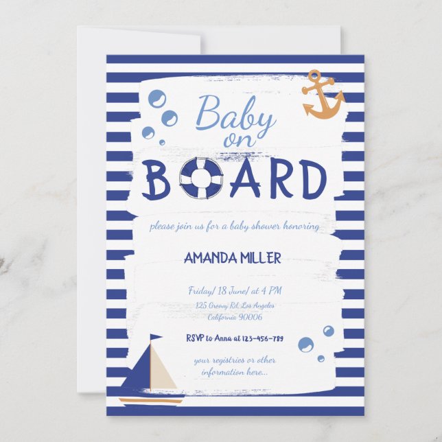 Invitation Bébé à bord ! Baby shower bleu marin (Devant)