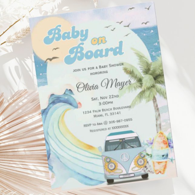 Invitation Bébé à bord Baby shower de plage Retro Surfing (Créateur téléchargé)