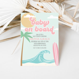 Invitation Bébé à bord Baby shower de plage Surf rose