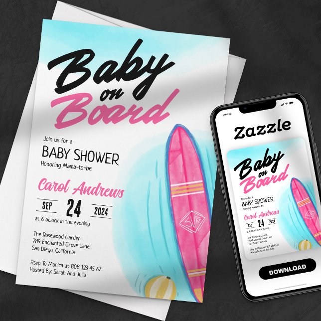 Invitation Bébé à bord Baby shower de surf rose (Créateur téléchargé)