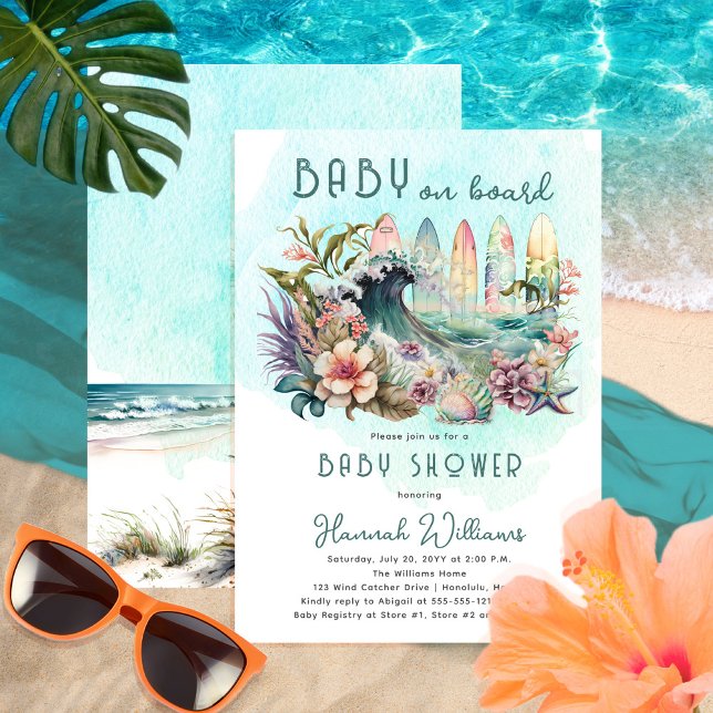Invitation Bébé à bord Baby shower floral de surf tropical (Créateur téléchargé)