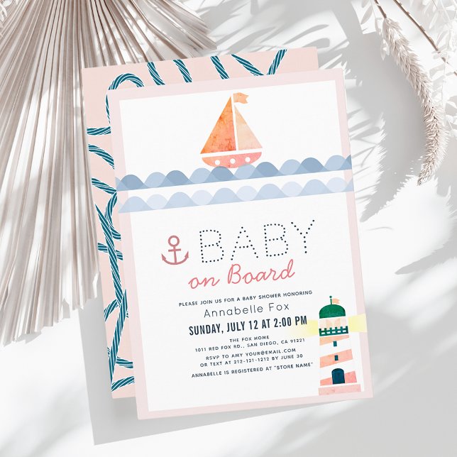 Invitation Bébé à bord Baby shower Nautique rose fille (Créateur téléchargé)