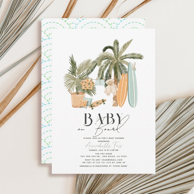 Invitation Bébé à bord Palm Tree Surfboard Baby shower (Créateur téléchargé)