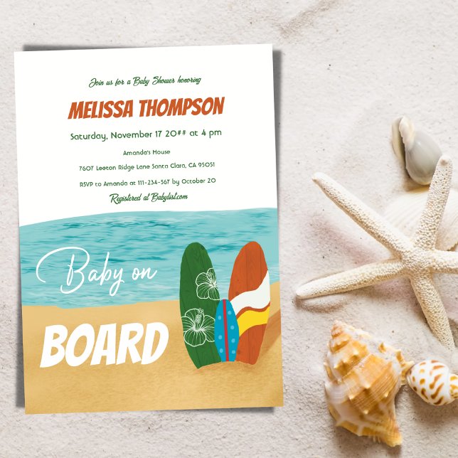 Invitation Bébé à bord surf Baby shower de plage tropical (Créateur téléchargé)
