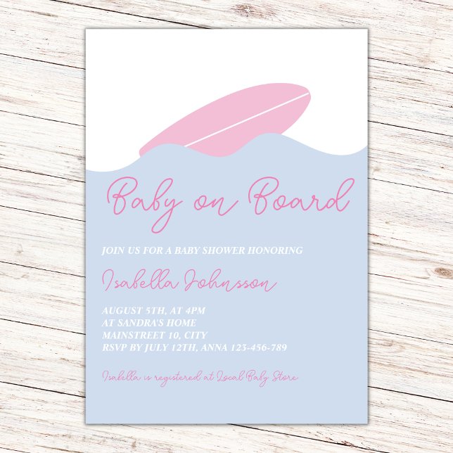 Invitation Bébé à bord Surf Beach Baby shower fille (baby on board surf beach girl invitation)