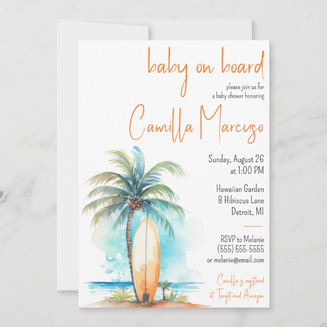 Invitation Bébé à bord, Surf-board, Baby shower Palm Tree (Devant)