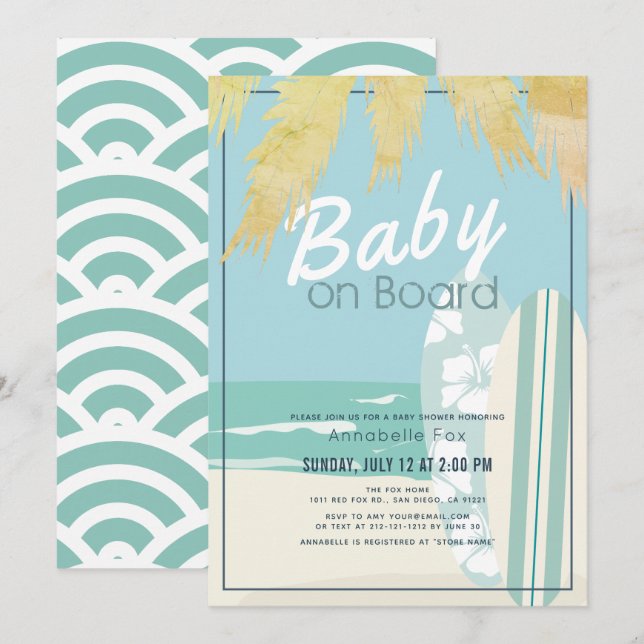 Invitation Bébé à bord Surf de plage Baby shower garçon (Devant / Derrière)