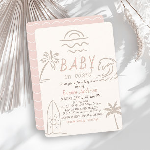 Invitation Bébé à Bord Surf Doodle Rose Fille Baby Shower