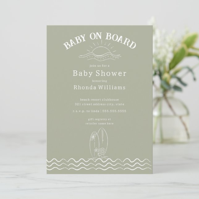 Invitation Bébé à bord Surf Green Beach Baby shower (Debout devant)