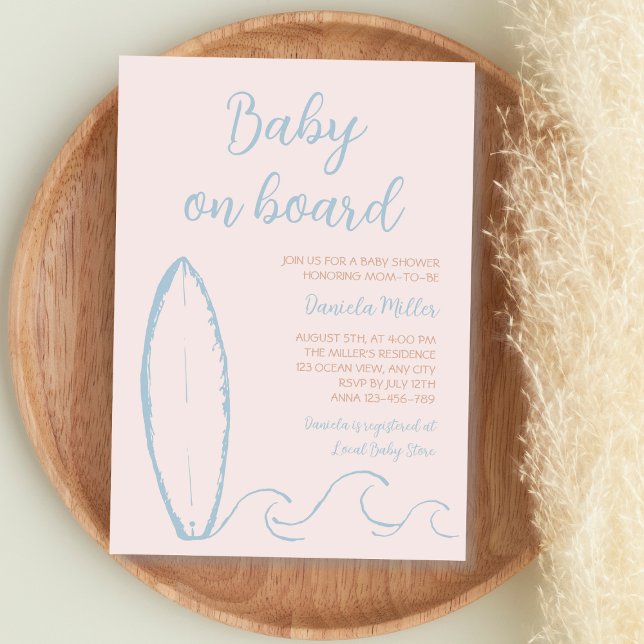 Invitation Bébé à bord Surf main tiré bébé garçon douche (Baby On Board Surf Hand Drawn Baby Boy Shower Invitation)