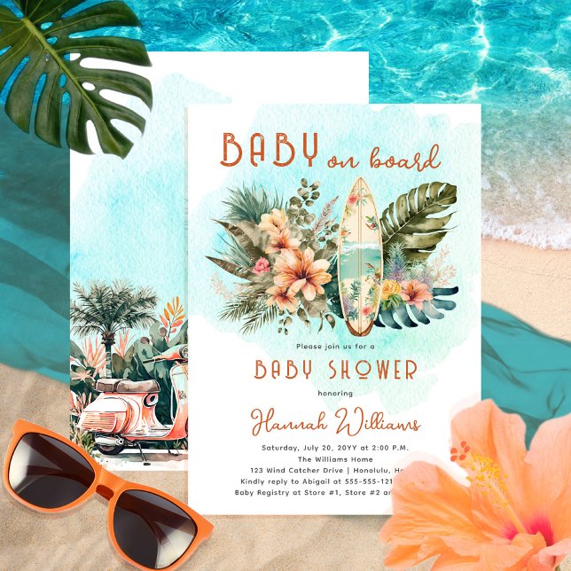 Invitation Bébé à bord Surf tropical Baby shower neutre (Créateur téléchargé)