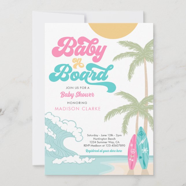 Invitation Bébé à bord Surfboard Beach Baby shower rétro (Devant)