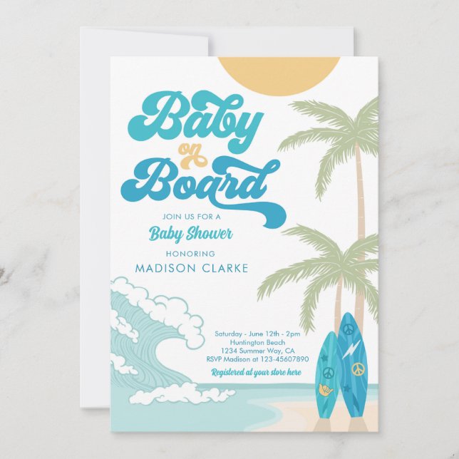 Invitation Bébé à bord Surfboard Beach Baby shower rétro (Devant)