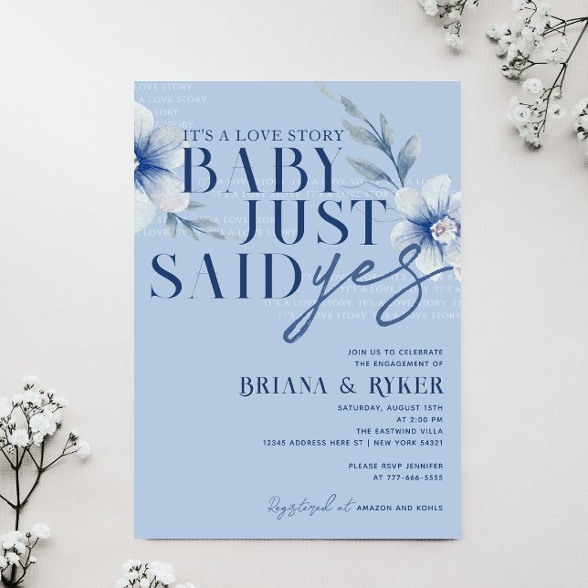 Invitation Bébé a dit oui Bleu Floral Engagement (Baby Just Say Yes Dusty Slate Blue Watercolor Flower Engagement or Bridal Shower Invitation)