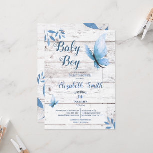Invitation Bébé à fleurs de papillon bleu d'aquarelle rustiqu