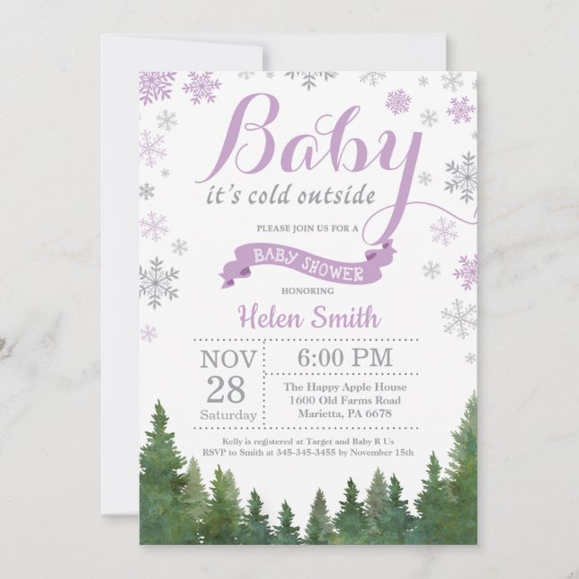 Invitation Bébé à l'extérieur de l'hiver Baby shower violet (Devant)