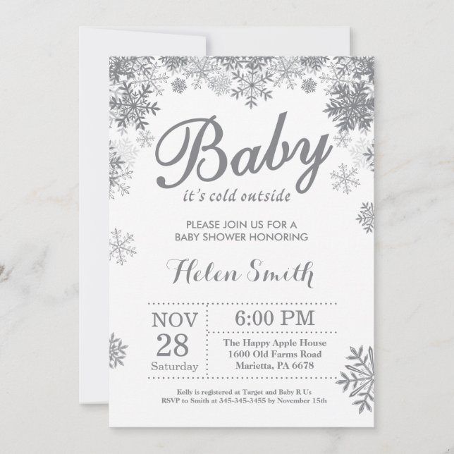 Invitation Bébé à l'extérieur du Baby shower gris d'hiver (Devant)