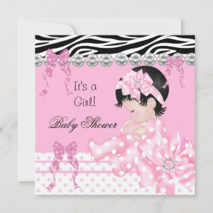 Invitation Bébé adorable Fille Fête Rose Zèbre Points 5