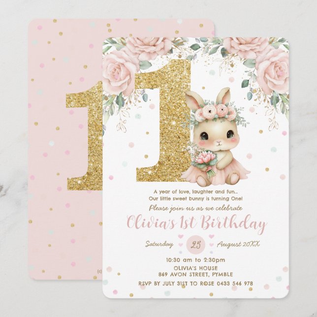 Invitation Bébé adorable lapin lapin Blush 1er anniversaire u (Devant / Derrière)