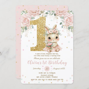 Invitation Bébé adorable lapin lapin Blush 1er anniversaire u