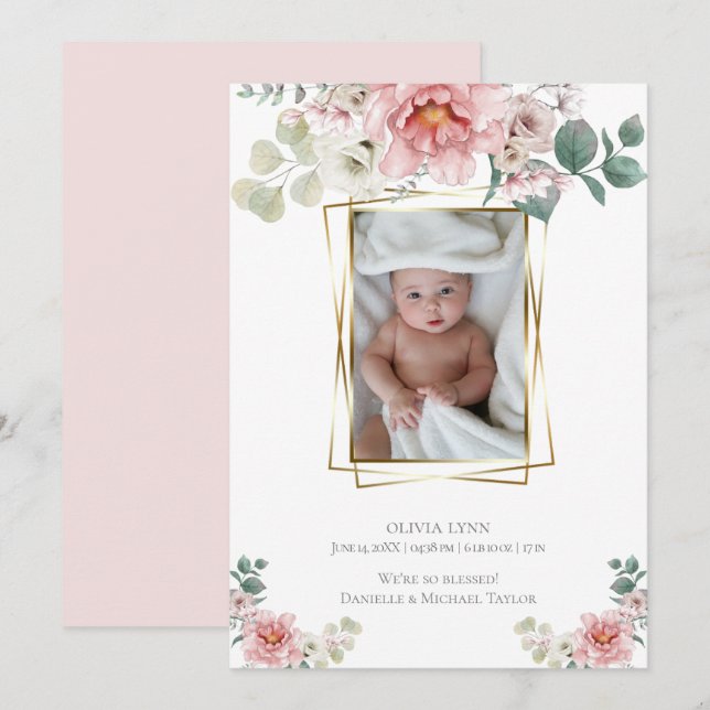 Invitation Bébé | Ajouter Photo Baby Pink Peonies Gold Frame (Devant / Derrière)