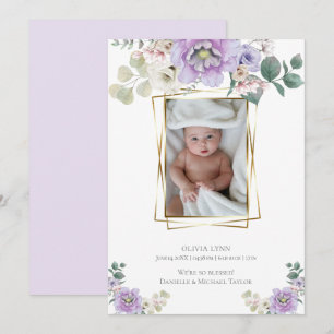 Invitation Bébé Ajouter Photo Violet Peonies Gold Frame