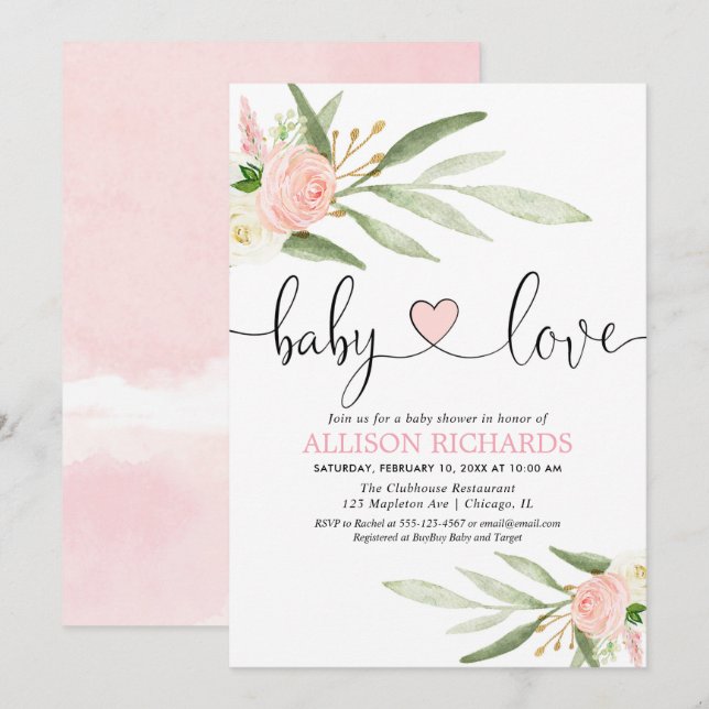 Invitation Bébé amour coeur doré rose verdure fille douche (Devant / Derrière)