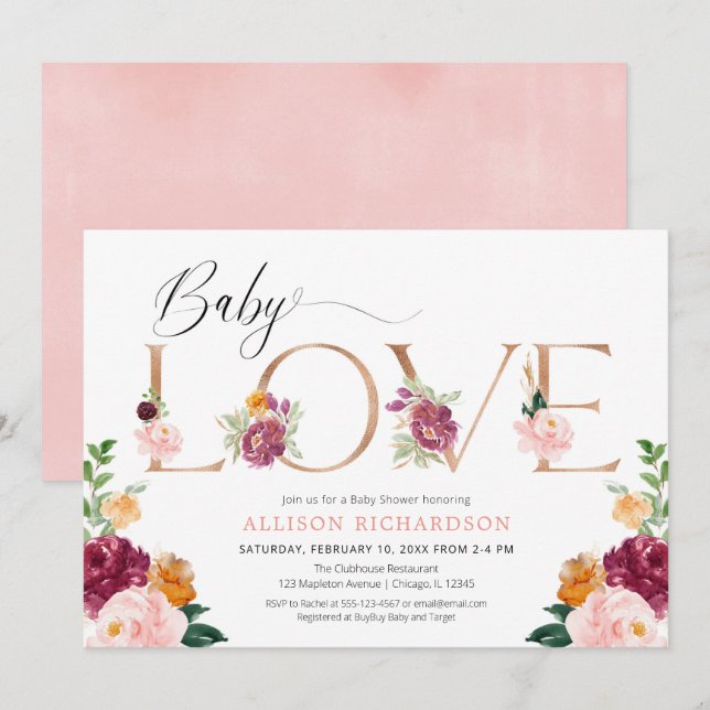 Invitation Bébé amour rose or bordeaux rousse fille douche (Devant / Derrière)