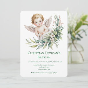 Invitation Bébé ange à l'aquarelle Ailes de plume Baptême 