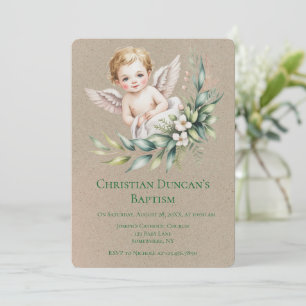 Invitation Bébé ange à l'aquarelle Ailes de plume Baptême 