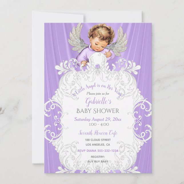Invitation Bébé Ange Lavande Argent Peau claire Tone (Devant)