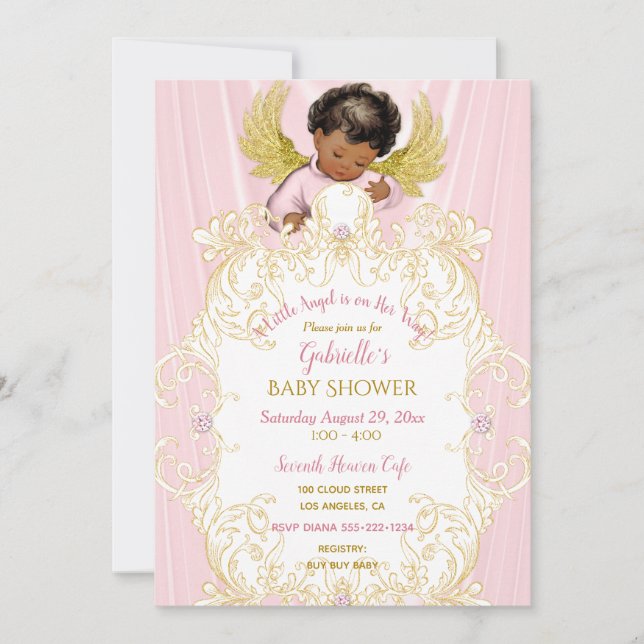 Invitation Bébé Ange Rose Gold Fille Afro-Américaine (Devant)