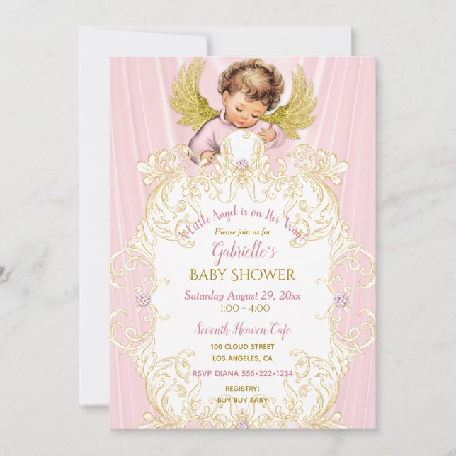 Invitation Bébé Ange Rose Or Fille (Devant)