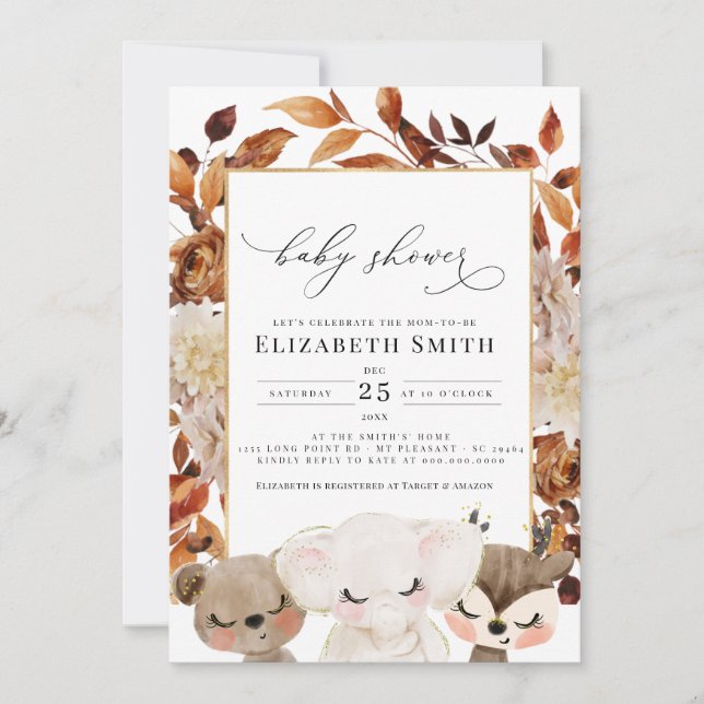 Invitation Bébé Animal Automne Animaux Floral Baby shower (Devant)