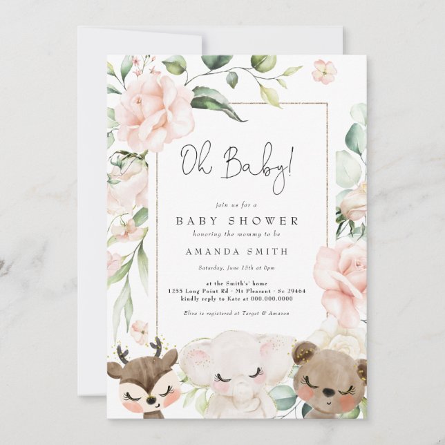 Invitation Bébé Animal Fleurs rousses Bébé Fille Rose Douche  (Devant)