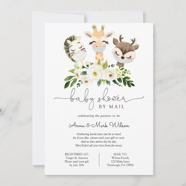Invitation Bébé Animaux avec Masque Baby shower par courrier (Devant)