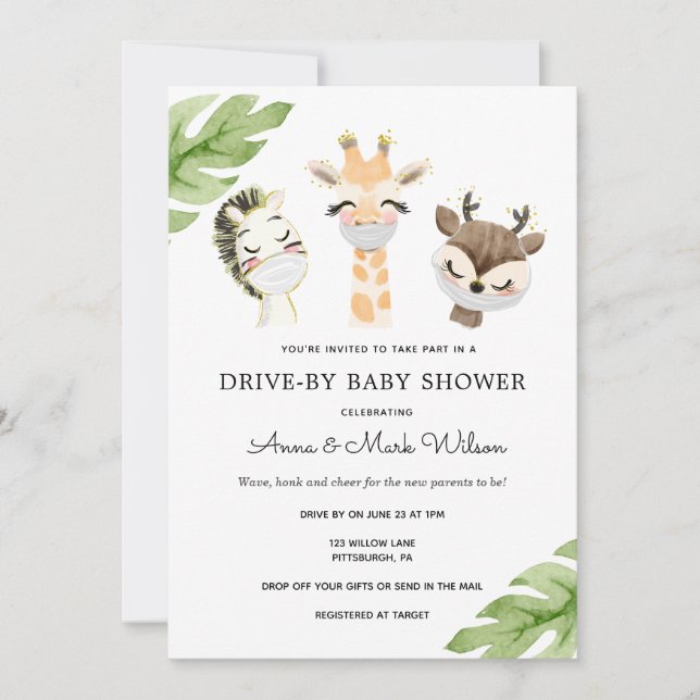 Invitation Bébé Animaux avec masques Drive par Baby shower (Devant)