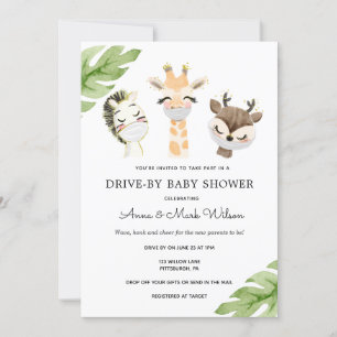 Invitation Bébé Animaux avec masques Drive par Baby shower