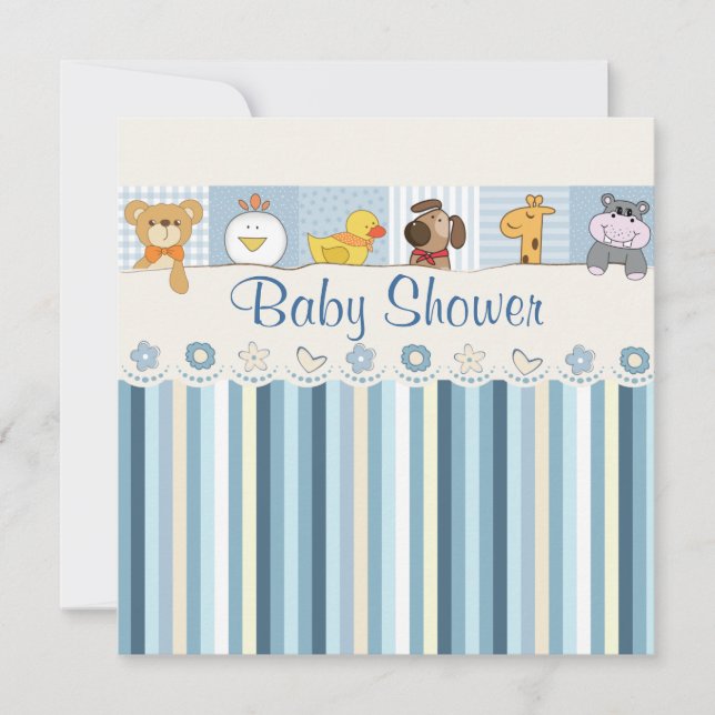 Invitation Bébé Animaux et Baby showers bleus (Devant)