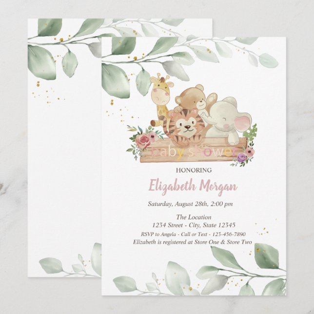 Invitation Bébé Animaux Fleurs Feuilles Baby shower Invitatio (Devant / Derrière)