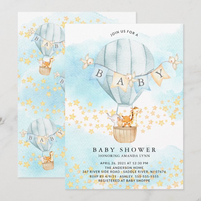 Invitation Bébé Animaux Hot Air Balloon Bébé Garçon Douche (Devant / Derrière)