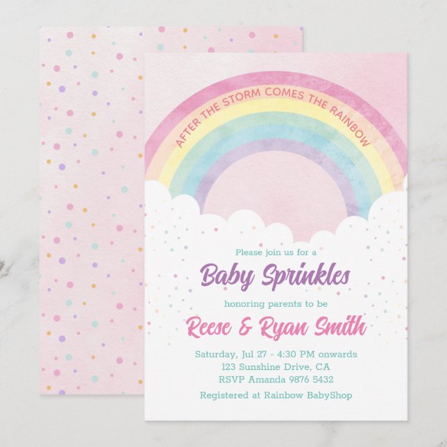 Invitation Bébé arroses Pastel Baby shower arc-en-ciel (Devant / Derrière)