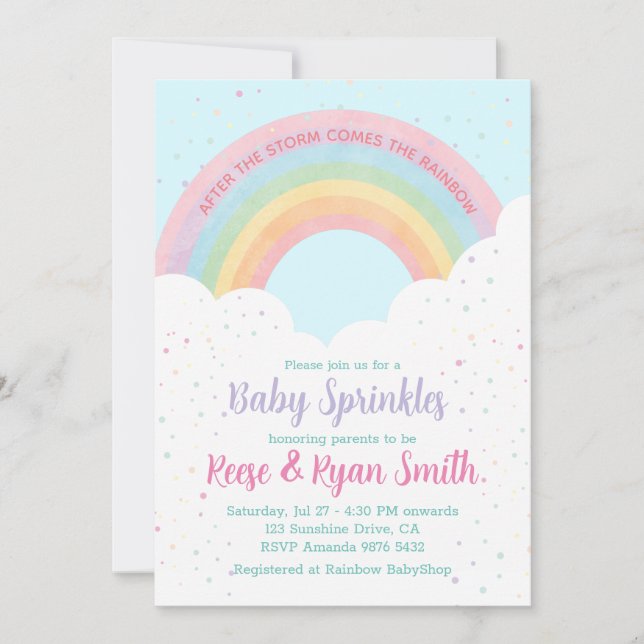 Invitation Bébé arroses Pastel Baby shower arc-en-ciel (Devant)