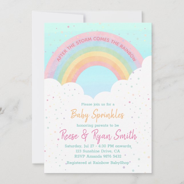 Invitation Bébé arroses Pastel Baby shower arc-en-ciel (Devant)
